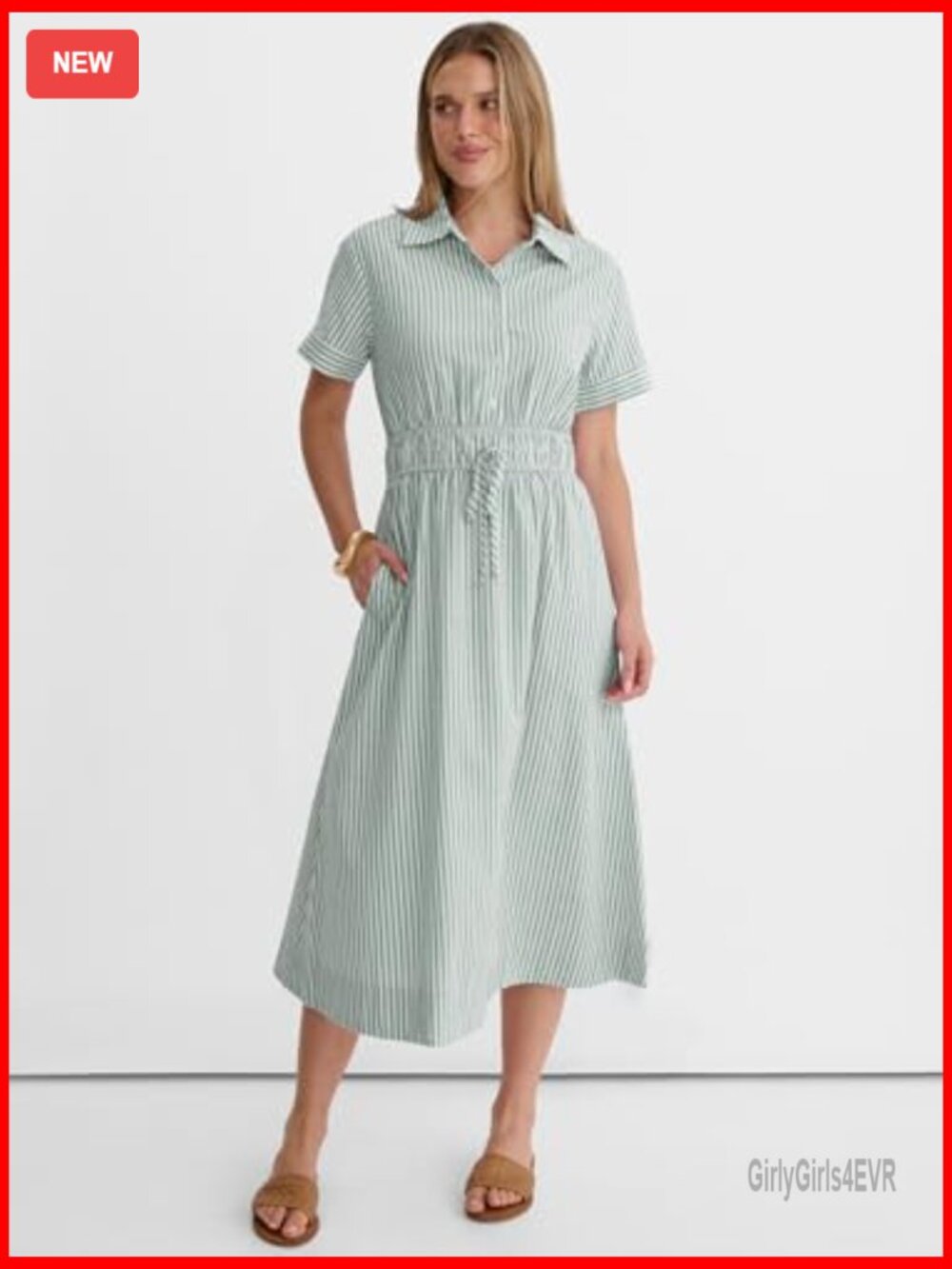 Womens Midi Dress Short Sleeve Striped Plaid Button Collar Shirt Dress Casual - Picture 6 of 7